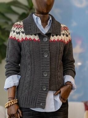 Dressbarn Fair Isle Cable Knit Chunky Cardigan Sweater - Charcoal Gray & Red - S